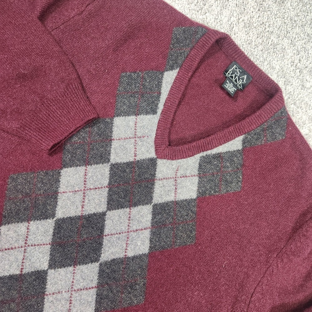 Jos A Bank Swedater‎ Mens XL V-Neck Argyle Lambswool Grandpa Burgundy Academia